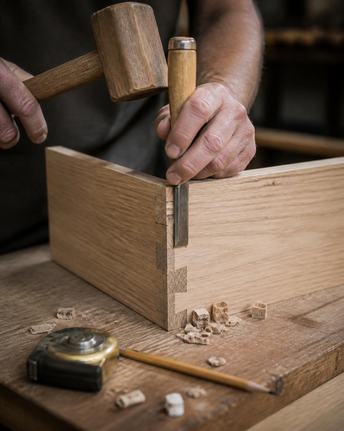 Builder chiselling a dovetailed white oak cabinet joint by hand