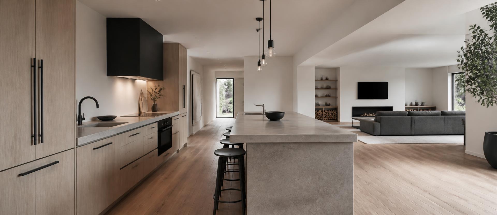 Completed open-plan kitchen and living space in a finished home renovation