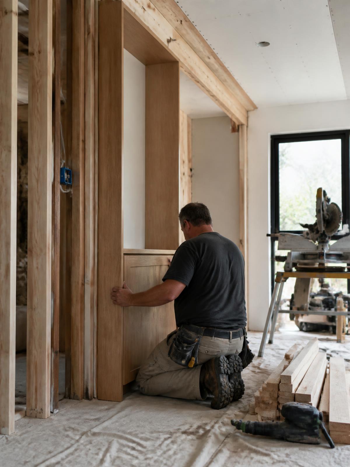 Carpenter assembling joinery on site during a home renovation