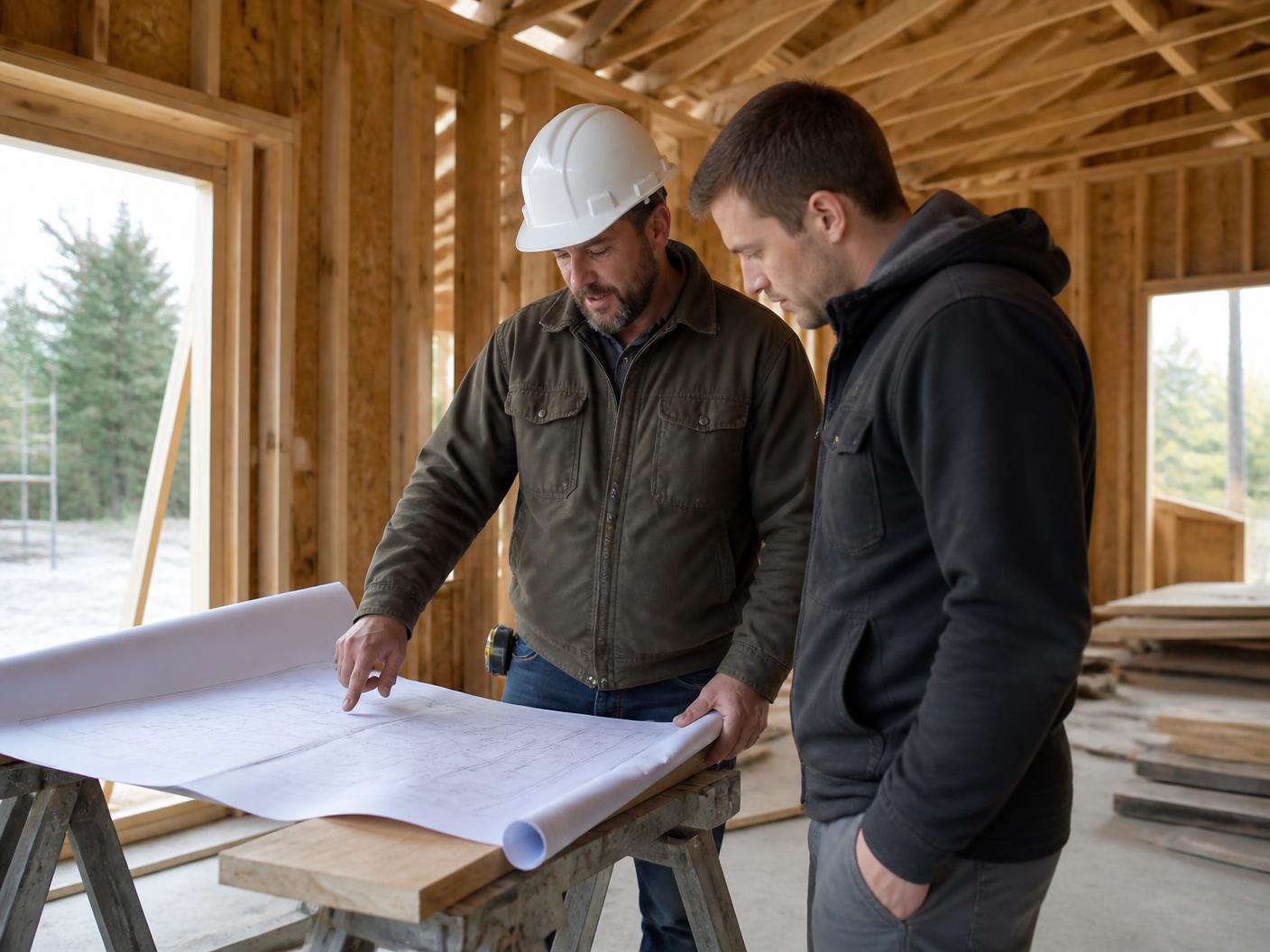 Site foreman and client reviewing construction drawings inside a timber-framed home