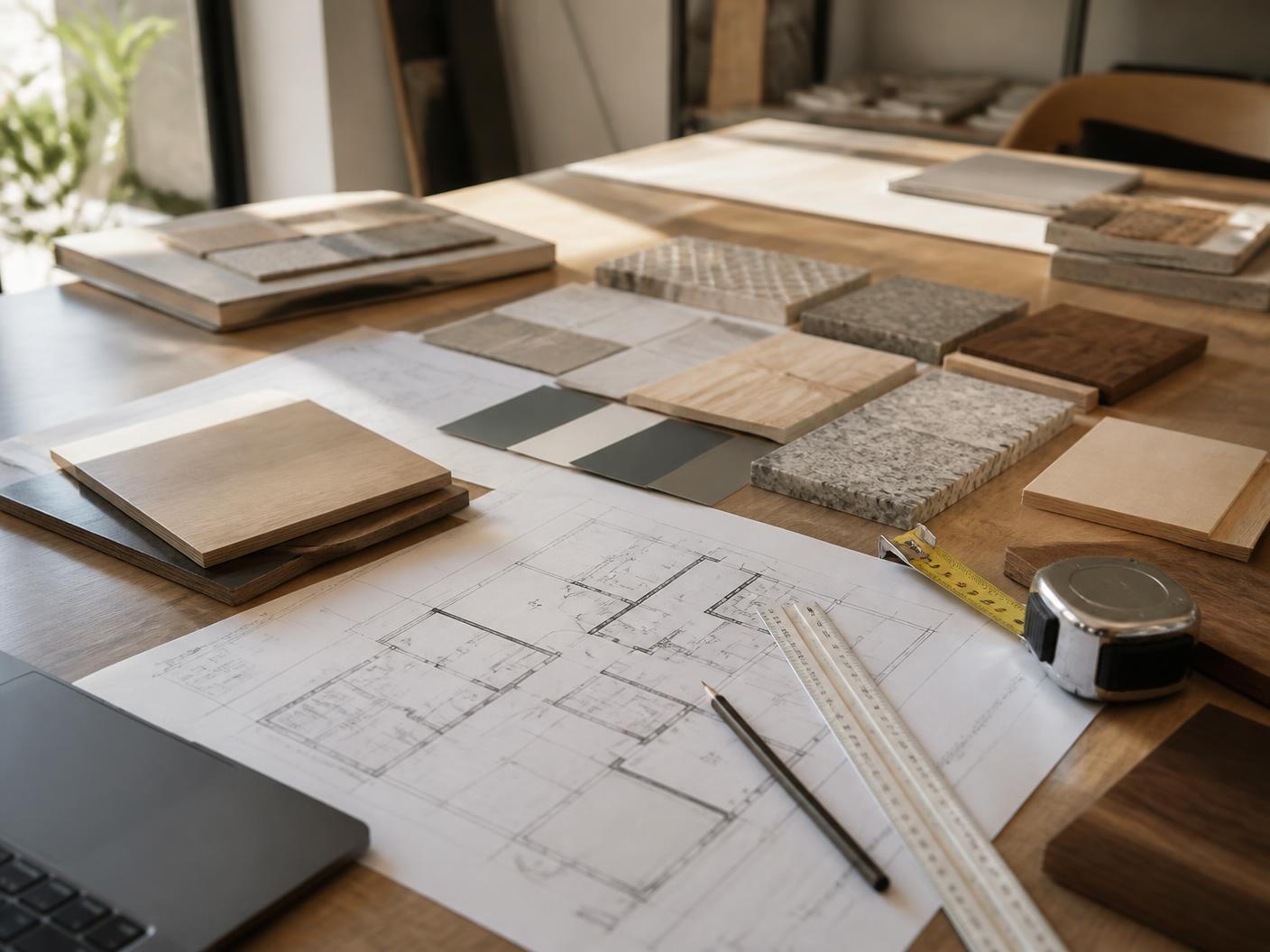 Floor plans, oak samples and stone swatches laid out on the studio worktable